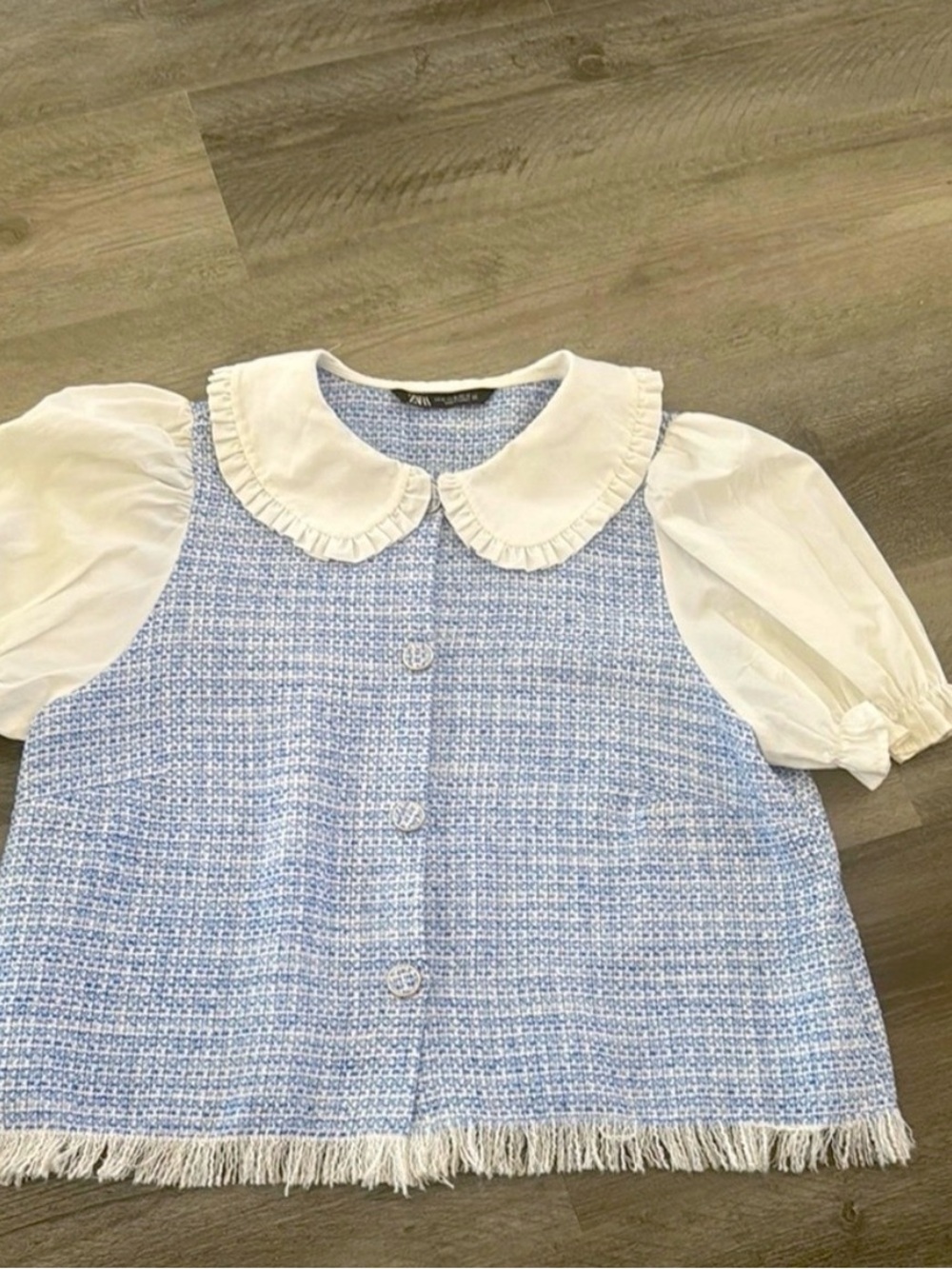 Zara Blue Tweed Button-Down Top with White Puff Sleeves